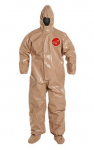 Coverall with Resp. Fit Hood, Elastic Wrists, Att. Socks with Outer Boot Flaps, Large, Tan