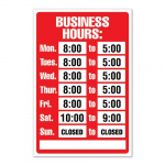 Sign, 8" x 12", "Static Cling, Business Hours"
