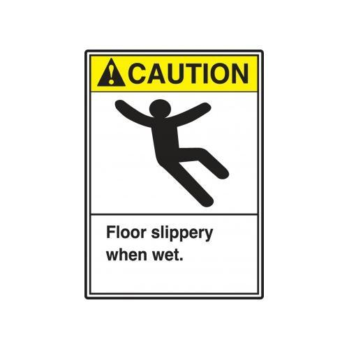 LegendCAUTION FLOOR SLIPPERY WHEN WET Accuform LSTF602VSP Adhesive Label 5 Height Vinyl Yellow/Black on White Pack of 5 5 Length x 3.5 Width x 0.004 Thickness 