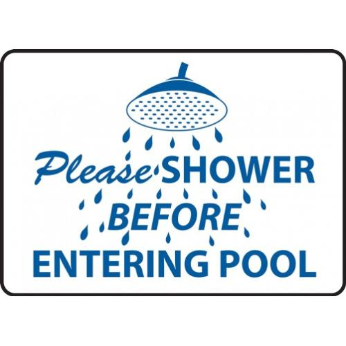 Accuform MADM547XV Adhesive Dura-Vinyl Sign, Legend "Please Shower Before Entering Pool", 7" Length x 10" Width x 0.006" Thickness, Blue on White