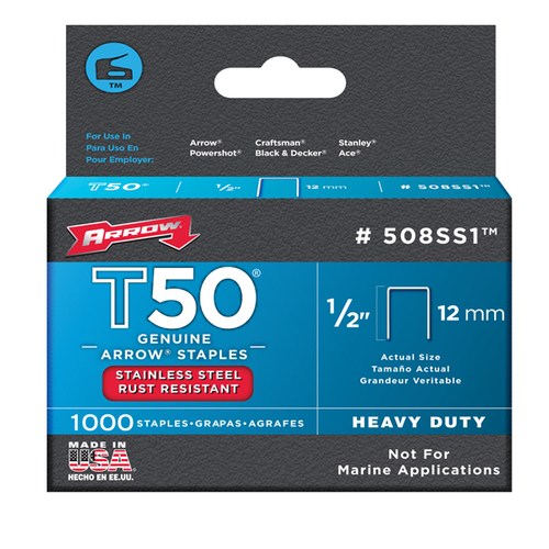 Arrow 508ss1, T50 1/2" (12mm) Stainless Steel Staples