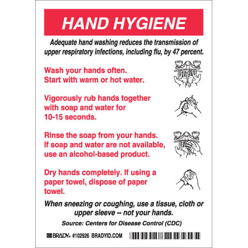 Brady 102926, 7" X 5" Sign "hand Hygiene", Vinyl