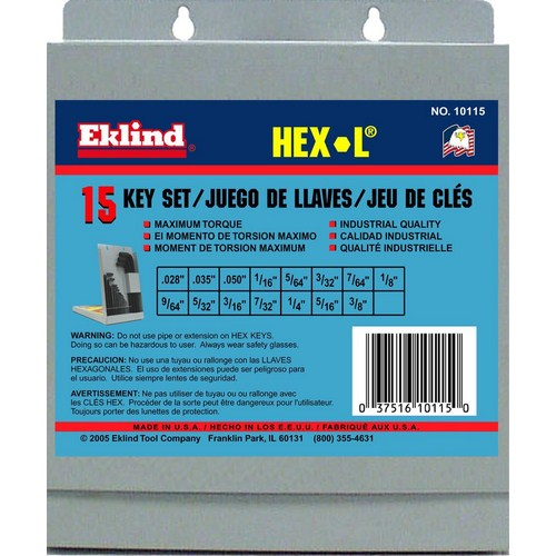 Eklind 10115, Hex-l Short Series 15-piece Hex L-key Set In Metal Box