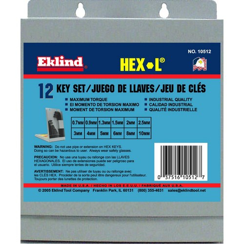 Eklind 10512, Hex-l Short Series 12-piece Hex L-key Set In Metal Box