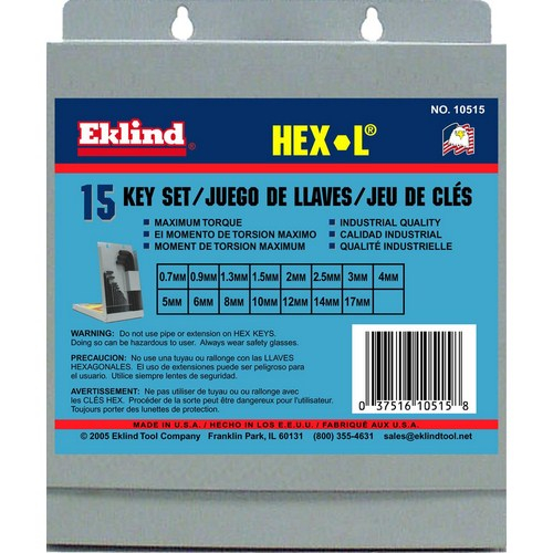 Eklind 10515, Hex-l Short Series 15-piece Hex L-key Set In Metal Box