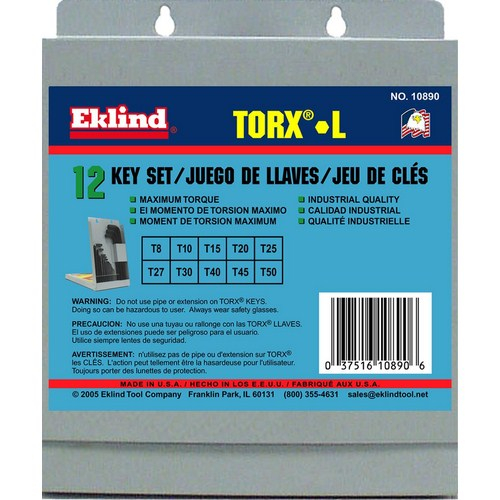 Eklind 10890, Torx Short Series T8 - T50 Hex L-key Set In Metal Box