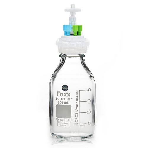 Foxx Life Sciences 45R-4604-FLS, PUREGRIP Borosilicate Glass HPLC Solvent Reservoir Reagent Bottle Assembly, Polypropylene GL45 VersaCap, Class VI PTFE Manifold, Clear, 500mL, 1 Ports