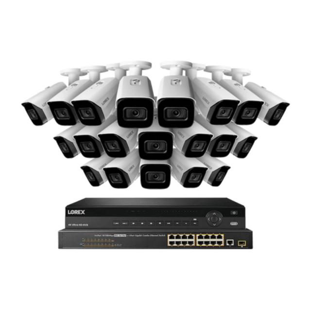 Lorex Technology NC4K8F-3220WB 32 Channel 8TB 4K Nocturnal NVR System with Twenty Smart IP Bullet Cameras w/Real-Time 30FPS and Listen-in Audio 16 Ch PoE Switch Color Vision 150ft Night Vision 