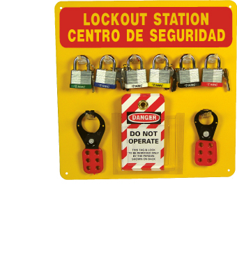 NMC LOB1Y 10 Piece Lockout Tagout Center Kit with Hooks and Supplies 14 Width x 14 Height Red on Yellow