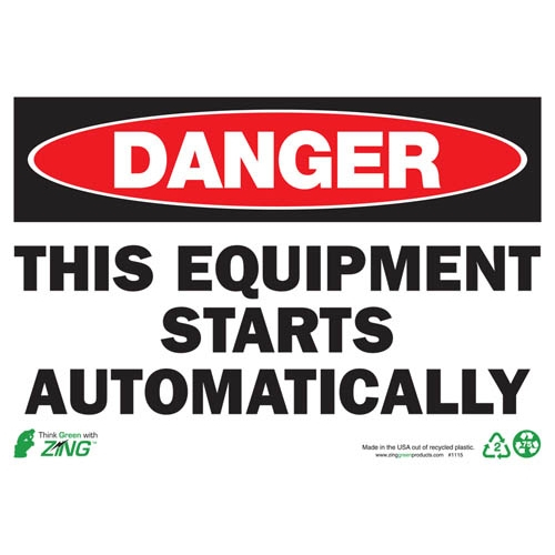 Zing Green 1115a, Eco Sign "danger Equipment Starts ..."
