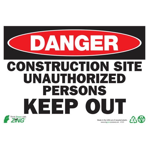Zing Green 1121a, Eco Sign "danger Construction Site Keep..."