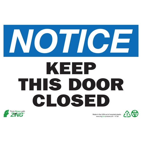 Zing Green 1138a, Eco "notice Keep This Door Closed" Sign